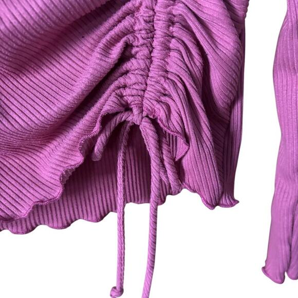 Pink Ribbed Long Sleeve Ruched Drawstring Adjustable Side Lettuce Hem Knit Y2K - Picture 3 of 5